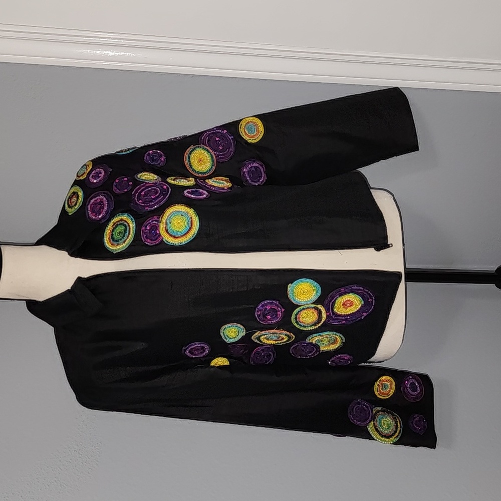 "ANAGE" 100%SILK EMB/SEQUENCED/PEARL ACCENT BLACK JACKET SZ M⁶
